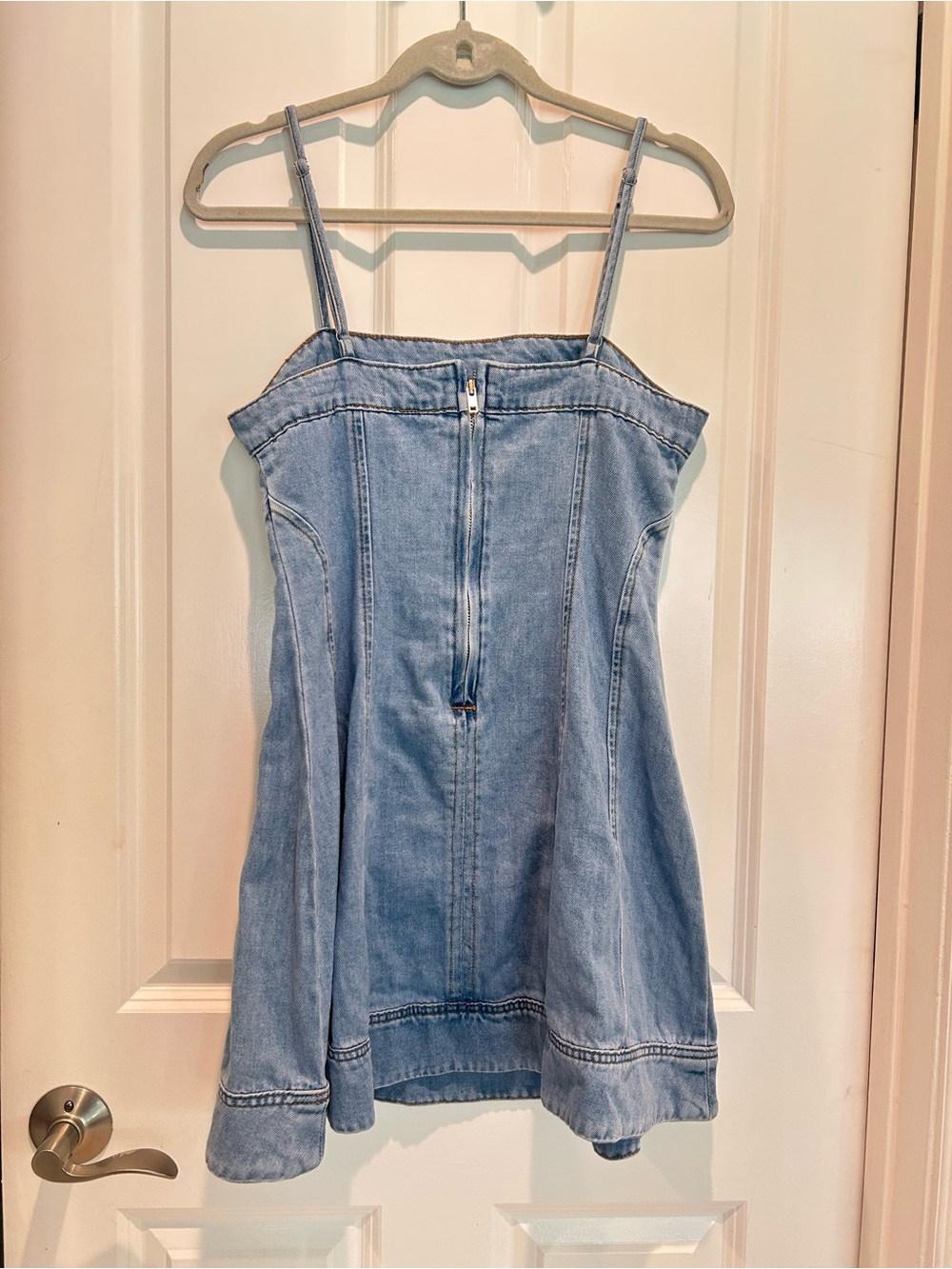 Lush Light Wash Denim Mini Dress Square Neck Sleeveless A-Line Cottagecore - Picture 4 of 9